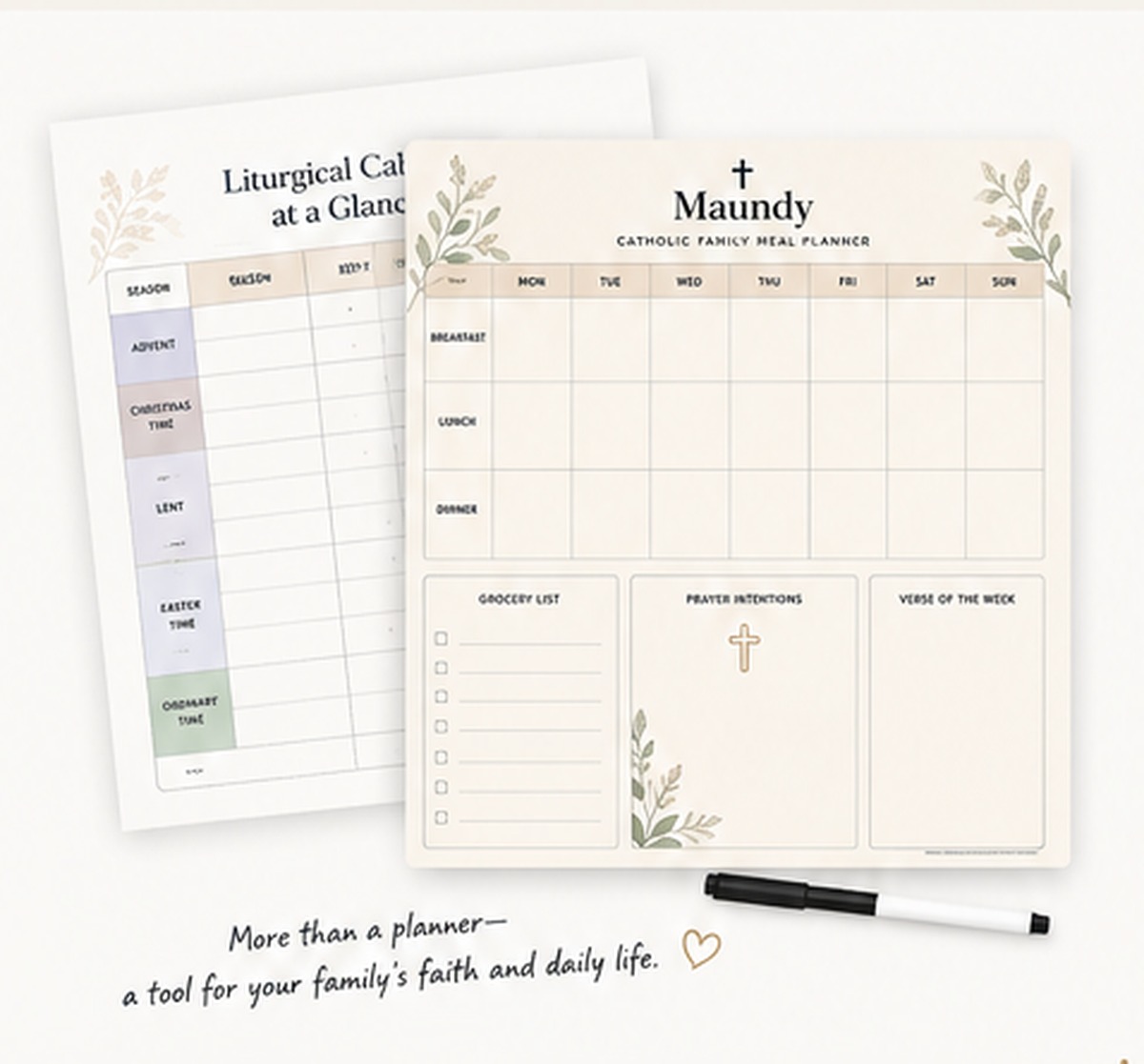 Maundy weekly meal planner and liturgical calendar sheets