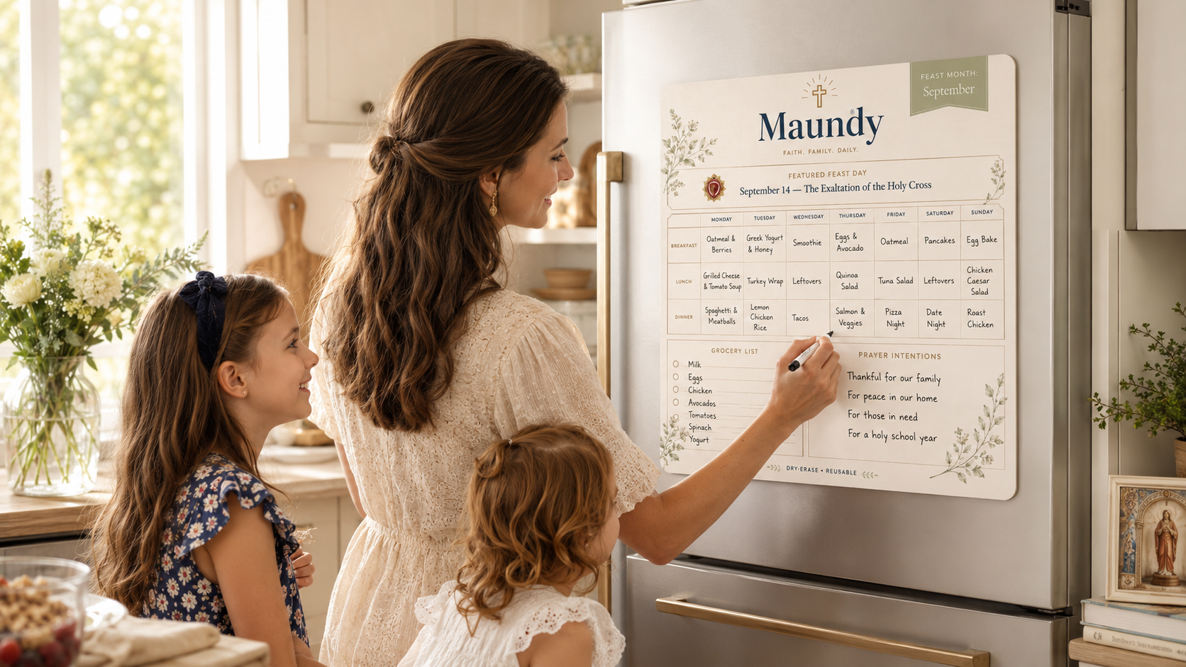 Mother and children using the Maundy Catholic Family Meal Planner on a refrigerator